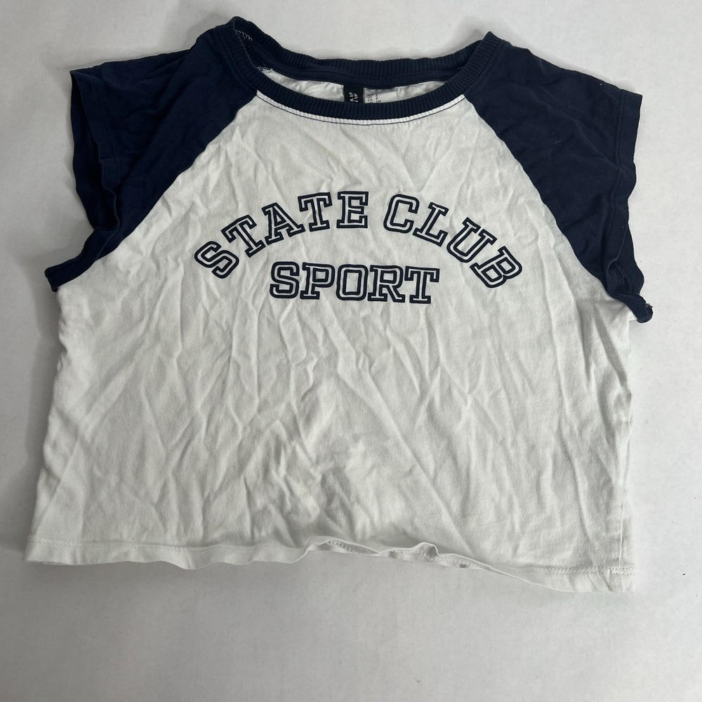 H&M Divided Navy & White Womens Cropped Tee Size S Raglan Short Sleeve